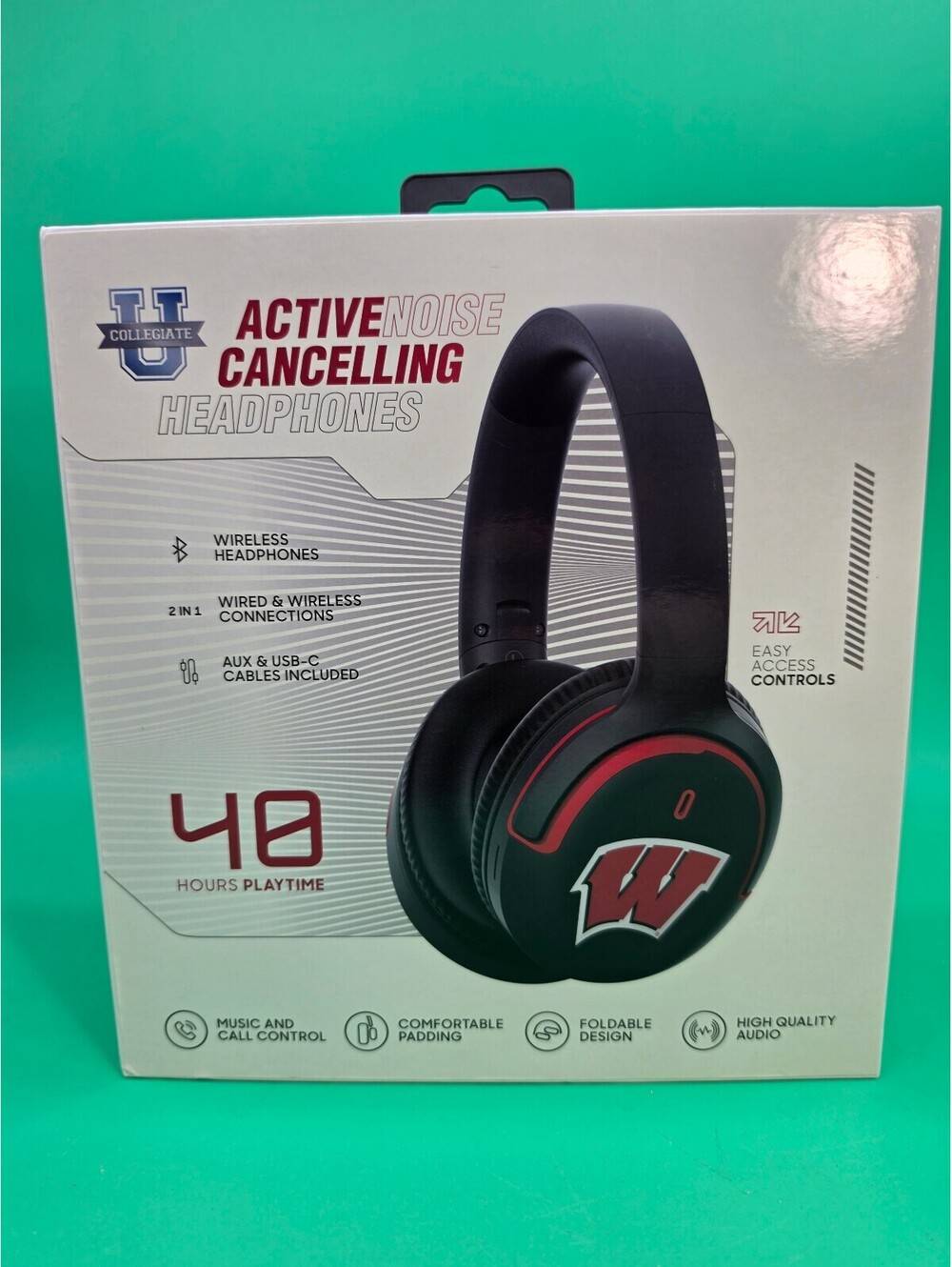 Wisconsin Badgers Active Noise Cancelling Bluetooth Headphones 48 Hour Wireless